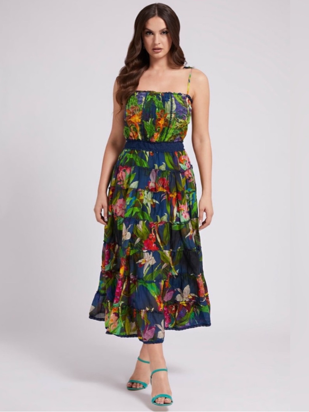 Guess Kinsley Tiered Vibrant Floral Tie Straps Maxi Dress Sz XS - Picture 16 of 16